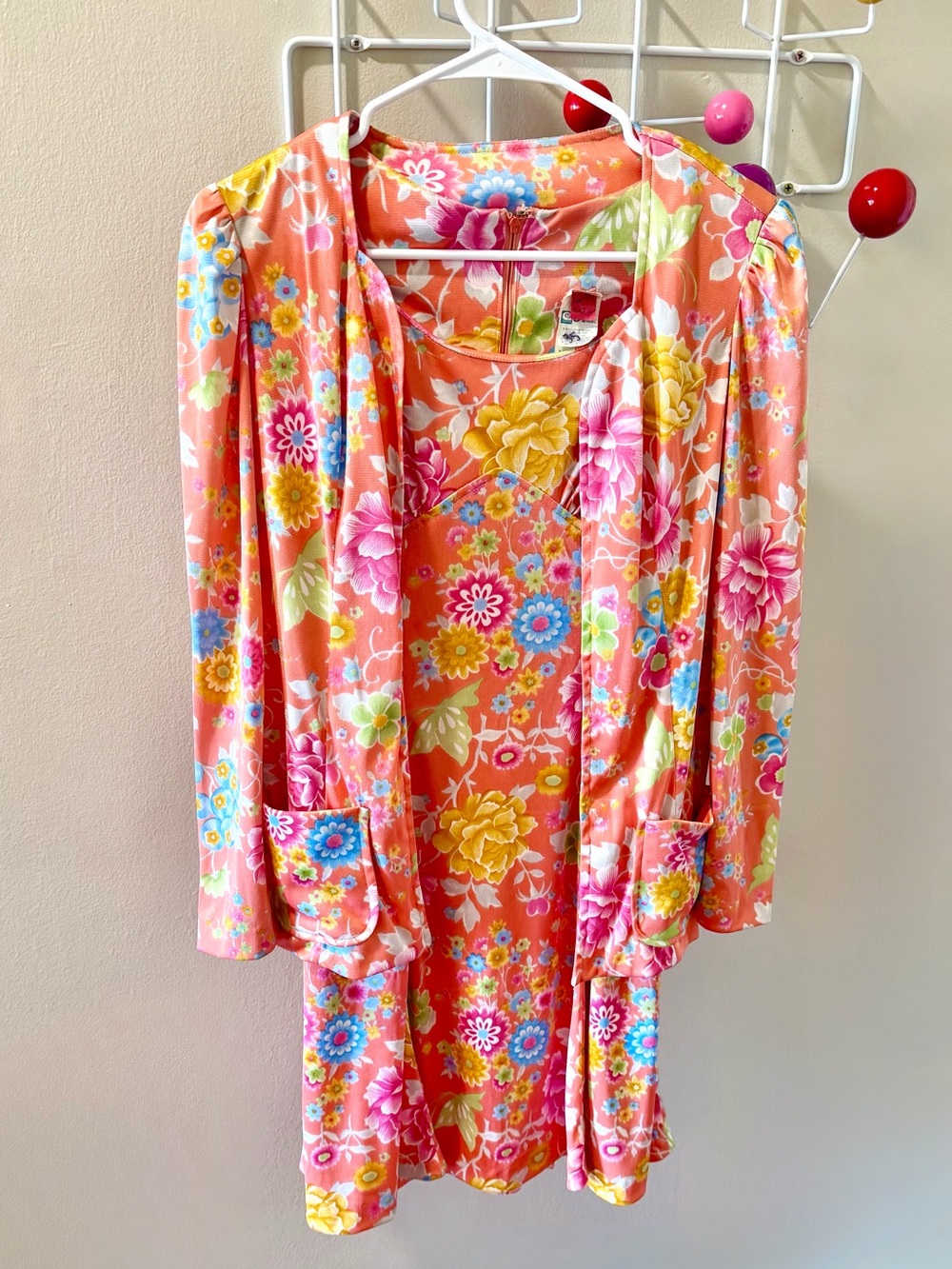 60s Vintage 🌼 Celanese Arnel Sleeveless Floral Dress & Puff Sleeve Jacket Set